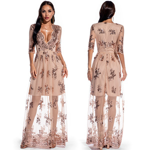 Spring and Autumn Sexy Deep V-Neck Half Sleeve Luxury Elegant Women Long <strong>Debut</strong> Gown Evening <strong>Dress</strong> - Product Image 1