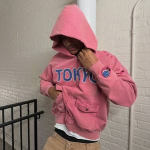 Sudadera con capucha y cremallera para hombre, estilo streetwear Y2K grunge, de algodón grueso, con lavado ácido y efecto desgastado, personalizada al por mayor. - Product Image 1