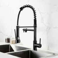 Robinet de cuisine professionnel en acier inoxydable noir mat et or rose, avec bec à ressort, monocommande et double sortie