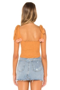 Amazing Summer Wear Denim <b>Elasticated</b> Bohemian Crop Top with Shoulder Tie Straps & Pom Pom Accent Fitted - Product Image 3