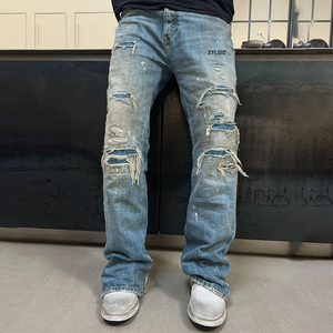 Fashion Streetwear 100% Cotton High Quality <b>Men</b> Blue Sun Faded Stacked <b>Jeans</b> Design Custom Distressed Vintage Denim <b>Jeans</b> - Product Image 3