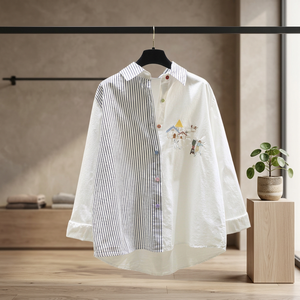 Women's Long Sleeve Contrast Striped Embroidered Button Down <b>Shirt</b> Loose Fit Casual Turn-down Collar 100% Cotton Poplin Top - Product Image 3
