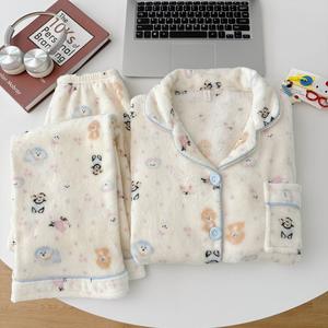 Conjunto de Ropa de Dormir de Franela de Coral con Dibujos Animados, Grueso y Afelpado para Invierno, Camisón de Manga Larga y Pantalones para Mujer - Product Image 4