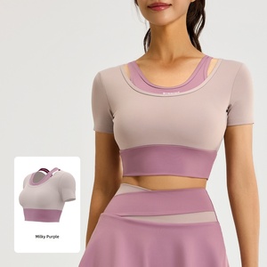 Women's Breathable Built-in Bra Pad Yoga <b>Top</b> Crew Neck Short Sleeve Regular Fit Plus Size Solid <b>Shrug</b> Cropped Activewear - Product Image 1