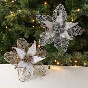 <b>Sequins</b> Artificial Glittered Christmas Flowers Decorative Ornaments with Customized Color 24cm Size Cloth <b>Material</b> - Product Image 2