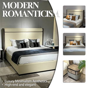 Lit King Size de Luxe en Placage de Bois Naturel avec Cuir Véritable et Microfibre, Lit Moderne de Luxe, Meubles de Chambre à Coucher Modernes - Product Image 2