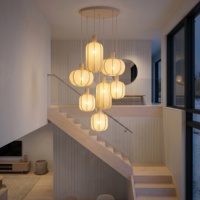 Lampu Gantung Linen Wabi Sabi 7-Lampu, Lampu Plafon Kain Bergaya Japandi untuk Tangga, Foyer, Ruang Tamu