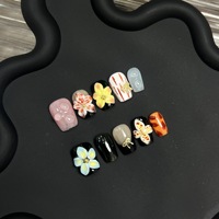 Uñas Postizas Hechas a Mano con Diseño de Ataúd, Flores Esculpidas en 3D, Arte Pop Vanguardista con Gotas de Agua y Lazos Dorados, Uñas Artísticas