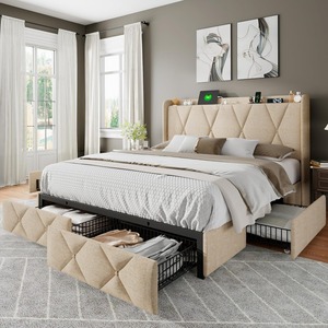 Factory Wholesale Double <strong>Bed</strong> Frame with 4 <strong>Storage</strong> Drawers <strong>Padded</strong> Buttons Fleece 4-inch <strong>Storage</strong> Headboard Beige for Easy Assembly - Product Image 1