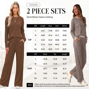 High Quality Women's Ribbed Knit <b>Two</b> <b>Piece</b> <b>Lounge</b> <b>Set</b> Long Sleeve Sweater Top Wide Leg Pants Casual Home Wear Lightweight Luxury - Product Image 6