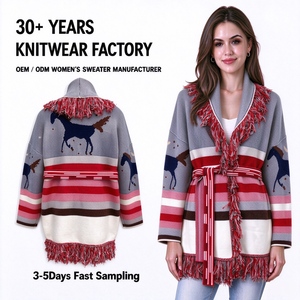 <span class=keywords><strong>Cardigan</strong></span> da Donna <span class=keywords><strong>con</strong></span> Collo a Scialle, Frange, Motivo Tribale Jacquard, Stile Bohémien, Bordo <span class=keywords><strong>con</strong></span> Nappe e <span class=keywords><strong>Cintura</strong></span> Intrecciata, Lunghezza Media - Product Image 1