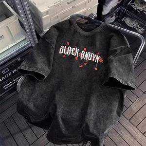 T-shirt à manches courtes en pur coton lavé en détresse pour hommes femmes été surdimensionné américain rétro haute rue mode - Product Image 5