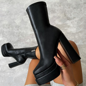 Bottes à plateforme épaisses en cuir solide avec fermeture éclair latérale, bottines de grande qualité à talon épais, taille 43, offre spéciale hiver 2021 - Product Image 2