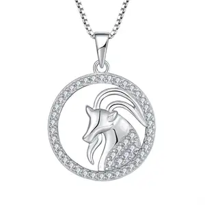925 Sterling Silver 12 Zodiak Tanda Perhiasan Desain Kreatif Pave Zircon Aries Liontin Kalung untuk Wanita