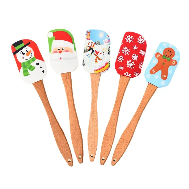 Karikatür baskı silikon pasta özel Spatula noel Spatula ahşap saplı