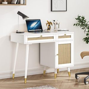Wicker dressing table with drawers for storage, white, modern home office <b>desk</b>/study/<b>computer</b> <b>desk</b> - Product Image 1