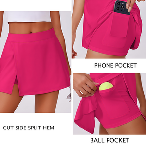 Jupe asymétrique rose vif taille haute 2-en-1, jupe de sport pour femme, jupe de tennis taille haute, jupe-short de golf pour le tennis et le golf - Product Image 3