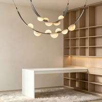 Lustre LED nordique personnalisé en acier inoxydable doré avec abat-jour rond en albâtre, faisceau à 360 degrés, Ra90, luminaire suspendu pour villa
