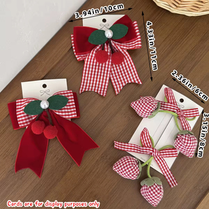 Barrette à cheveux à carreaux rouge avec nœud fraise en polyester pour fille, usage quotidien, motif perle mignon - Product Image 6