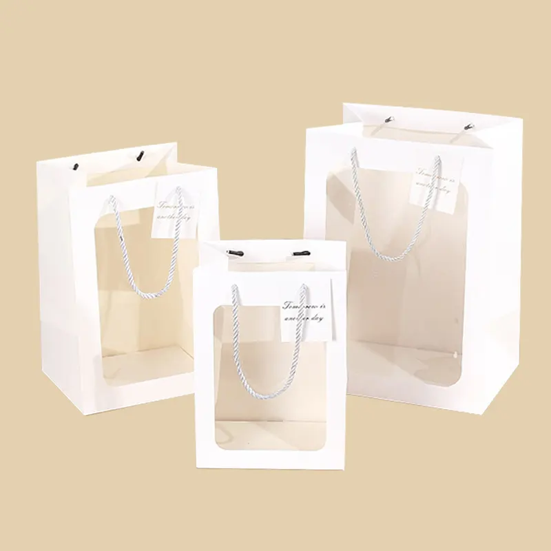 Fenêtre transparente de noël personnalisée, papier blanc, logo de shopping imprimé, sac de shopping en papier cadeau de luxe, vente en gros