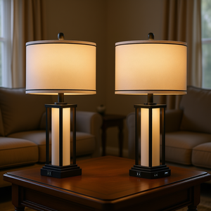 <b>Table</b> <b>Lamp</b> Set Of 2 <b>Tall</b> Beige Fabric Drum Shade Metal Base USB Outlet Warm Light Home Traditional Push Button Switch - Product Image 2