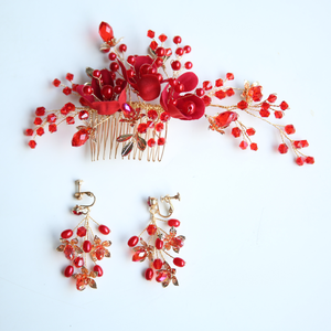 Promotion : <span class=keywords><strong>Couronne</strong></span> de <span class=keywords><strong>mariage</strong></span> en tissu à <span class=keywords><strong>fleurs</strong></span> rouges, peigne à cheveux perlé en alliage avec feuilles, ensembles de bijoux boucles d'oreilles, accessoires de <span class=keywords><strong>coiffure</strong></span> de mariée - Product Image 2