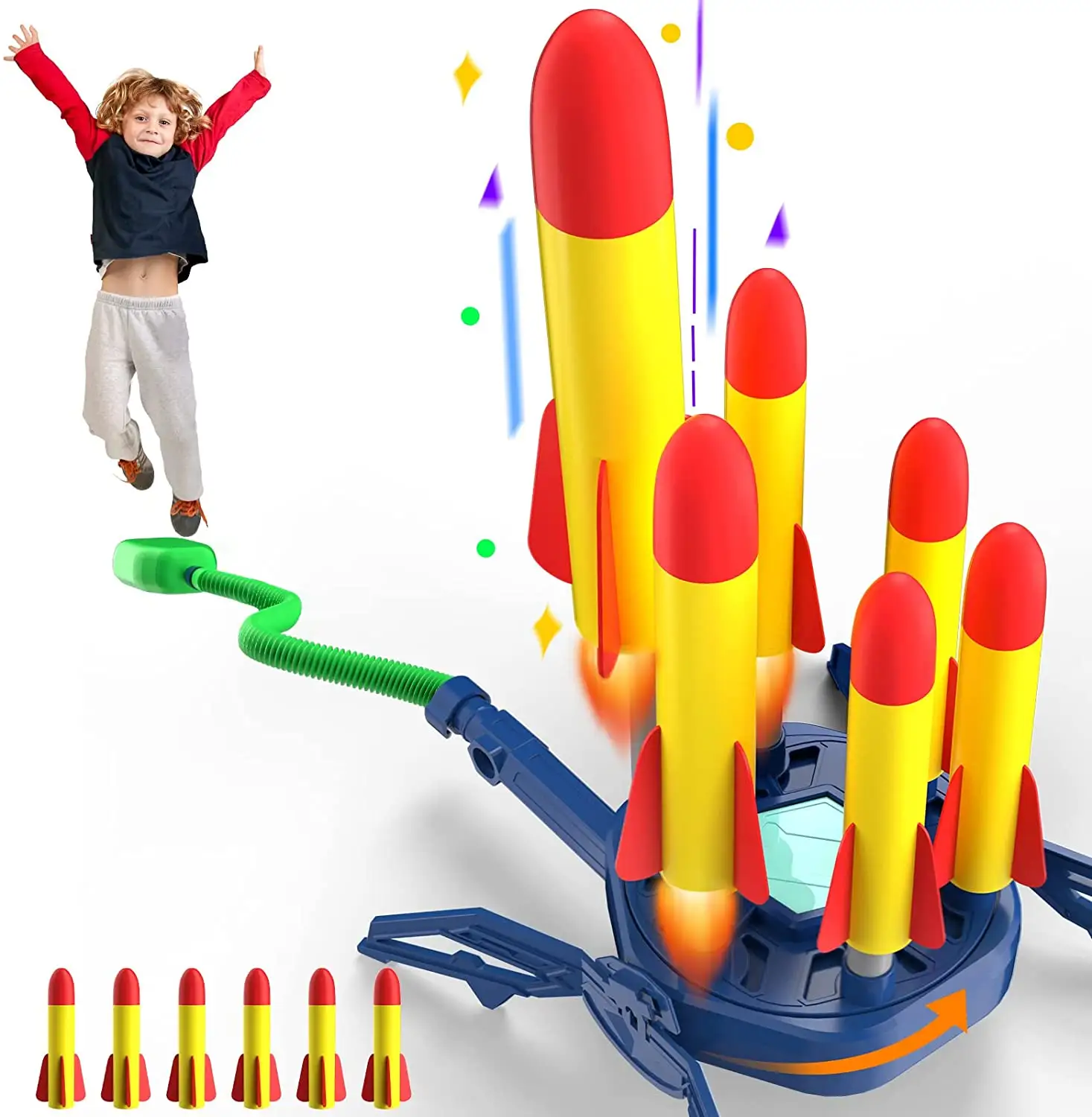 2022 Outdoor Rocket Launcher with Adjustable Sturdy Launcher Stand with Stomp Launch Pad with 6 Foam Rockets for Kids