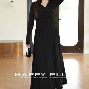 Robe longue plissée à col en V pour femme grande taille Happy Pl, couleur unie violet persan, taille <span class=keywords><strong>empire</strong></span>, N9065, automne-hiver - Product Image 3