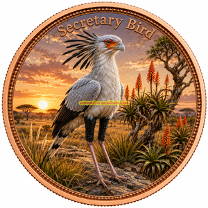 Medaglia in Rame Puro 999 da 1 Troy oz, Colorata con Rilievo ad Alto Sbalzo, Motivo Uccello Segretario, Oggetto da Collezione e Souvenir Artigianale - Product Image 1