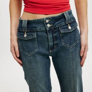 Pantalones Vaqueros de Mujer al por Mayor, Personalizados, Estilo Europeo y Americano, de Tiro Bajo, Acampanados, Lavados, Clásicos, Vintage, en Mezclilla Azul - Product Image 2