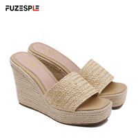 Sandales espadrilles pour femme à bout carré, talon compensé haut, plateforme, semelle épaisse antidérapante, dessus en paille, semelle extérieure en caoutchouc, été