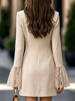 5670 #    Robe mini blazer élégante pour femme, double boutonnage, col cranté, manches longues évasées en dentelle, pour le bureau ou les soirées