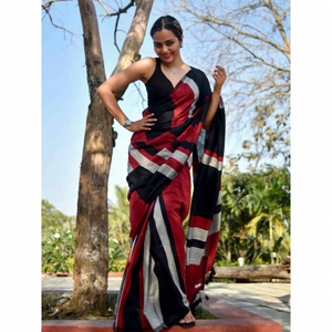 Sarees de Algodón Khadi de la Mejor Calidad con Bordado de Barra de Color y Borlas (Con Blusa), para Oficina/Uso Diario y Fiestas - Product Image 1