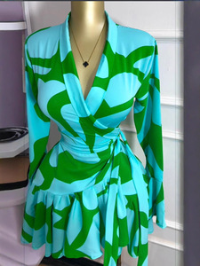 Women's Wrap V-Neck Ruffled <b>Mini</b> Dress - Bold Geometric <b>Print</b> Long Sleeve Party Womens Dresses Fashion - Product Image 4