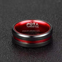 POYA Bague en tungstène unisexe 8 mm doublure en aluminium rouge plaqué noir en forme de boule à la mode pour cadeau de fête d'anniversaire de fiançailles de mariage