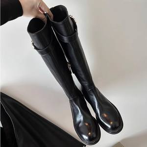 Bottes pour femmes, réplique d'un modèle célèbre sur internet ~ Bottes de cavalier hautes à plateforme et talon épais en cuir de cheval vieilli, automne-hiver - Product Image 2