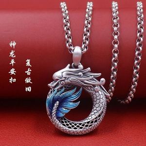 Chinese Vintage Dragon and Phoenix Shining Peace Buckle Pendant Retro <b>Couple</b> <b>Necklace</b> Vintage Blue Enamel Colored <b>Necklace</b> - Product Image 6