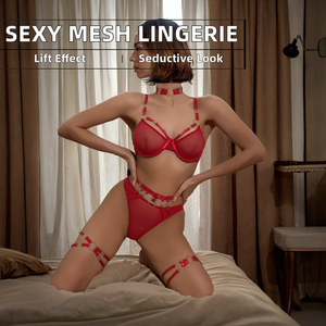 Custom 2025 New Spandex/Polyester Heavy Splicing Mesh <b>See</b>-<b>Through</b> Women Sexy Push-Up Breathable Low-Rise Lingerie 5-Piece Set - Product Image 2