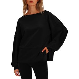 Fisoew Sudadera extragrande para mujer, jersey largo con mangas abullonadas, top negro con cuello redondo y bolsillos, ropa de otoño - Product Image 1