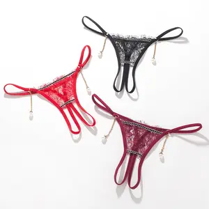 Sexy Women Panties Hot Sale New Panty Sexy Girls Pearl Undergarment Women's Sexy Lace Thong Hollow out crotchless panties