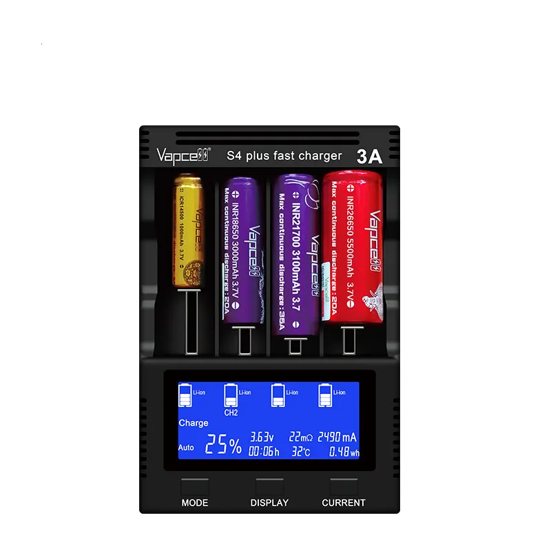 Newest Arrival Vapcell S4 Plus Fast Smart Battery Charger 4 Slots 12A Charger For 18650 21700 32700 26650 Rechargeable Batteries