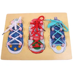 Niños lindos cordones de madera para atar, ejercicios de cuerda, zapatos, juguetes, aprendizaje educativo temprano, tablero de madera, juguete de habilidad práctica