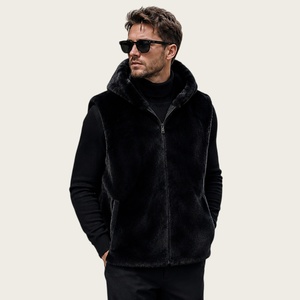Gilet court en fausse fourrure noire pour homme, à capuche, avec fermeture éclair, chaud pour l'hiver, sans manches, style vison, décontracté, vente en gros - Product Image 1