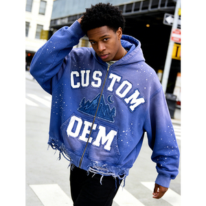 Sudadera con capucha para hombre, de 400 GSM, de gran gramaje, estilo streetwear, con cremallera, desgastada, vintage, personalizada OEM, con bordado de apliques - Product Image 3
