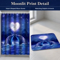 Ensemble de rideaux de douche Dauphin au clair de lune 4 pièces, Décoration textile de salle de bain Thème Nuit Marine, avec tapis en forme de U et couvercle de toilette, Motif Océan Romantique