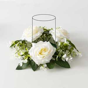 พวงดอกไม้ประดิษฐ์รูปวงแหวน WeddingRose พร้อมที่วางเทียนใบไม้สีเขียว สำหรับตกแต่งโต๊ะกลางงานเลี้ยง - Product Image 1