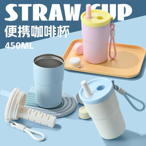 Gobelet à café d'extérieur à sangle, grande capacité, double paroi, isolé sous vide, portable pour voiture avec paille - Product Image 2