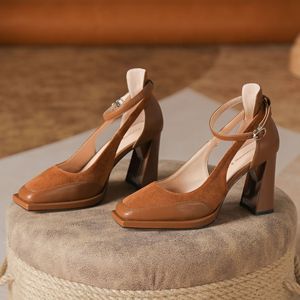 Escarpins à talon carré Y9530 avec bride cheville, talon bloc, plateforme, antidérapants, doublure en cuir véritable, couleur unie - Product Image 1