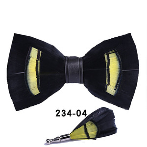 Papillon da <span class=keywords><strong>uomo</strong></span> fatto a mano in piuma naturale e pelle PU, pre-annodato, <span class=keywords><strong>con</strong></span> spilla coordinata, set <span class=keywords><strong>di</strong></span> accessori per abito formale da matrimonio - Product Image 4