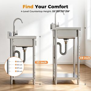 304 Stainless Steel 39in <b>4</b> Height Adjustable Utility Sink with <b>Storage</b> <b>Drawer</b> Heavy Duty Washing Basin for Backyard - Product Image 2